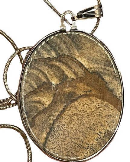 Vintage Large Picture Jasper Oval sterling silver 925 pendant necklace