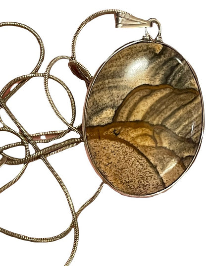 Vintage Large Picture Jasper Oval sterling silver 925 pendant necklace
