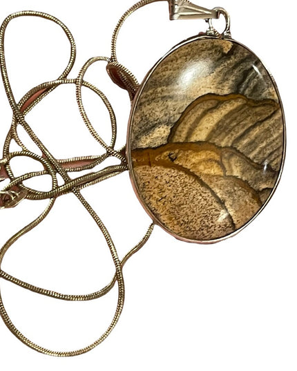 Vintage Large Picture Jasper Oval sterling silver 925 pendant necklace