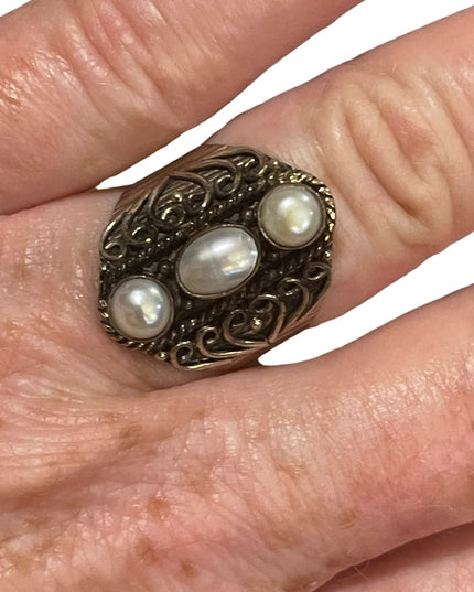 Sterling silver ornate design oblong 925 fancy pearl ring