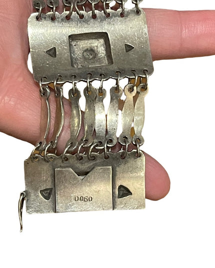 Antique Early 1900s Mexico Sterling silver 900 Link fancy etched mayan bracelet