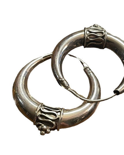 Vintage Sterling silver hoop dangle fancy ornate earrings Balenisian Bali 925
