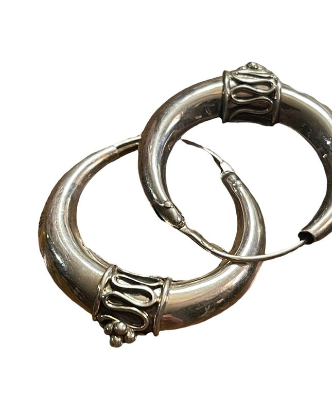 Vintage Sterling silver hoop dangle fancy ornate earrings Balenisian Bali 925