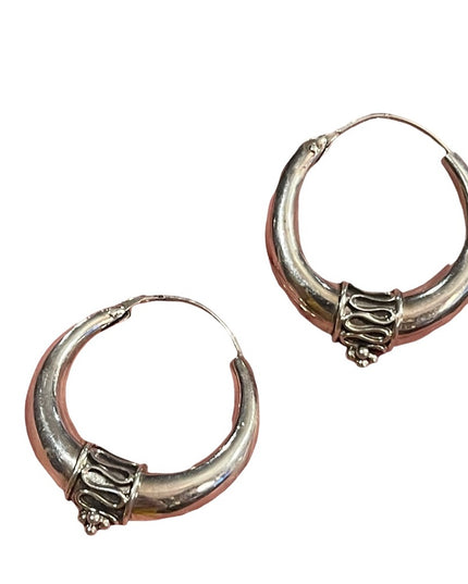 Vintage Sterling silver hoop dangle fancy ornate earrings Balenisian Bali 925