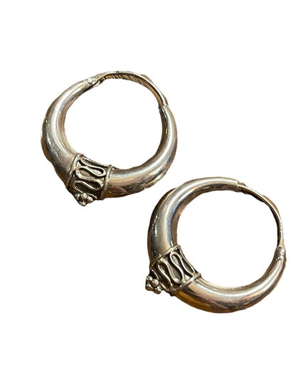 Vintage Sterling silver hoop dangle fancy ornate earrings Balenisian Bali 925