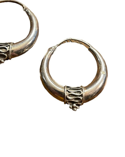 Vintage Sterling silver hoop dangle fancy ornate earrings Balenisian Bali 925