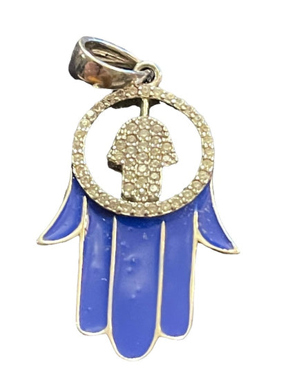 Blue enamel hand of Fatima Hamsa Crystal large sterling silver 925 pendant