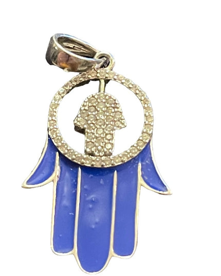 Blue enamel hand of Fatima Hamsa Crystal large sterling silver 925 pendant