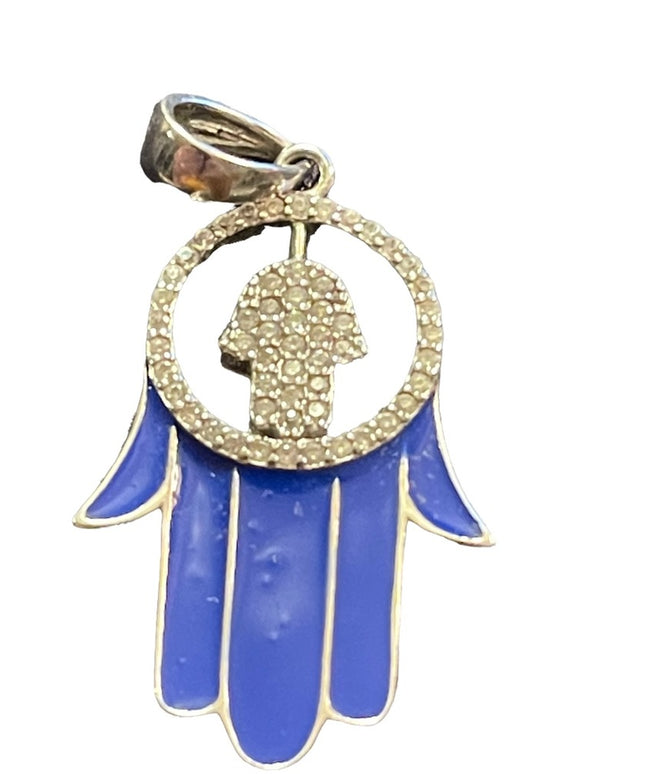 Blue enamel hand of Fatima Hamsa Crystal large sterling silver 925 pendant