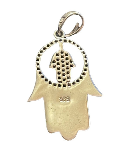 Blue enamel hand of Fatima Hamsa Crystal large sterling silver 925 pendant