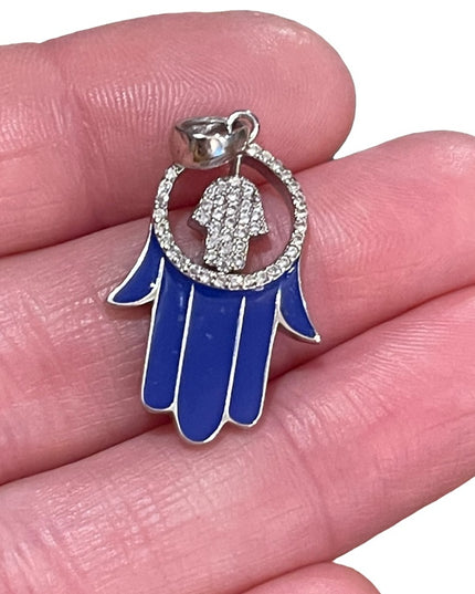 Blue enamel hand of Fatima Hamsa Crystal large sterling silver 925 pendant