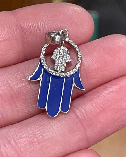 Blue enamel hand of Fatima Hamsa Crystal large sterling silver 925 pendant