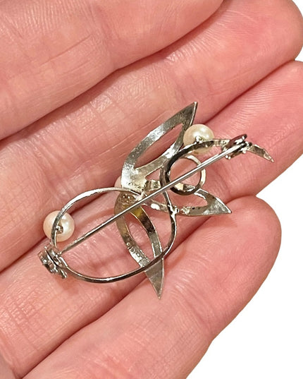 Vintage sterling silver 925 flower pearl fancy brooch
