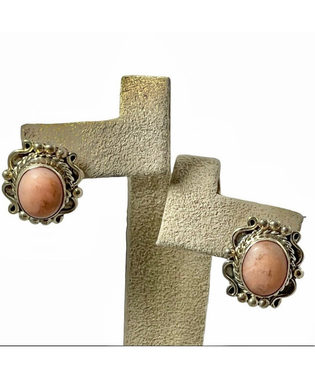 Vintage Navajo pink coral fancy pierced earrings sterling silver 925
