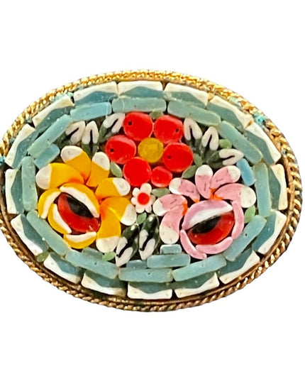 Vintage gold finish micro mosaic flower brooch Italy