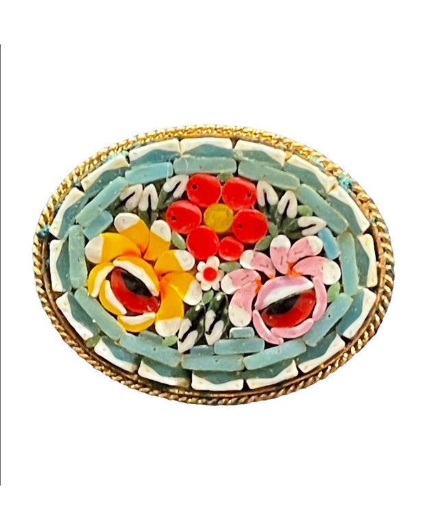 Vintage gold finish micro mosaic flower brooch Italy