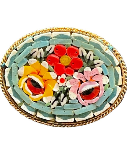 Vintage gold finish micro mosaic flower brooch Italy
