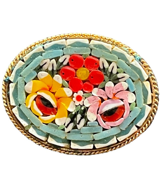 Vintage gold finish micro mosaic flower brooch Italy