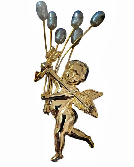 Vintage gold plate cherub angel holding pearl bouquet brooch