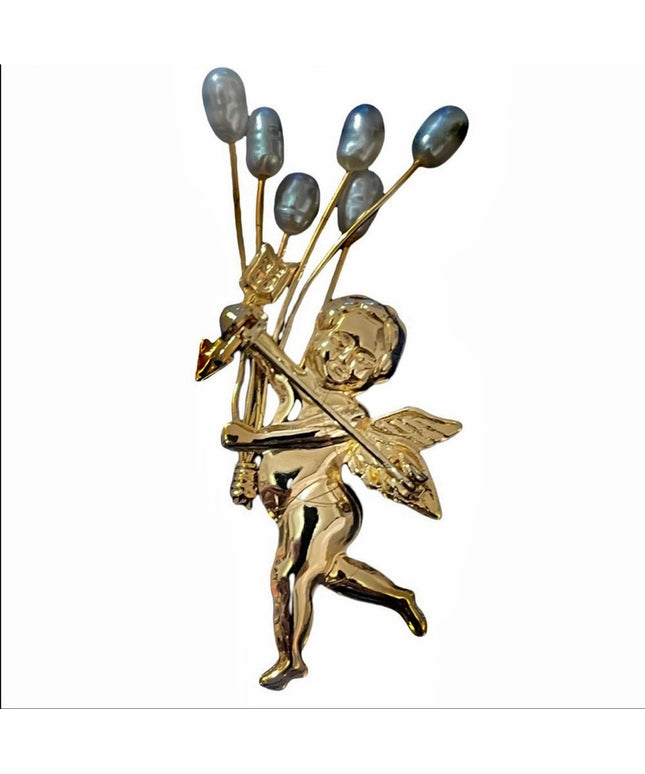 Vintage gold plate cherub angel holding pearl bouquet brooch