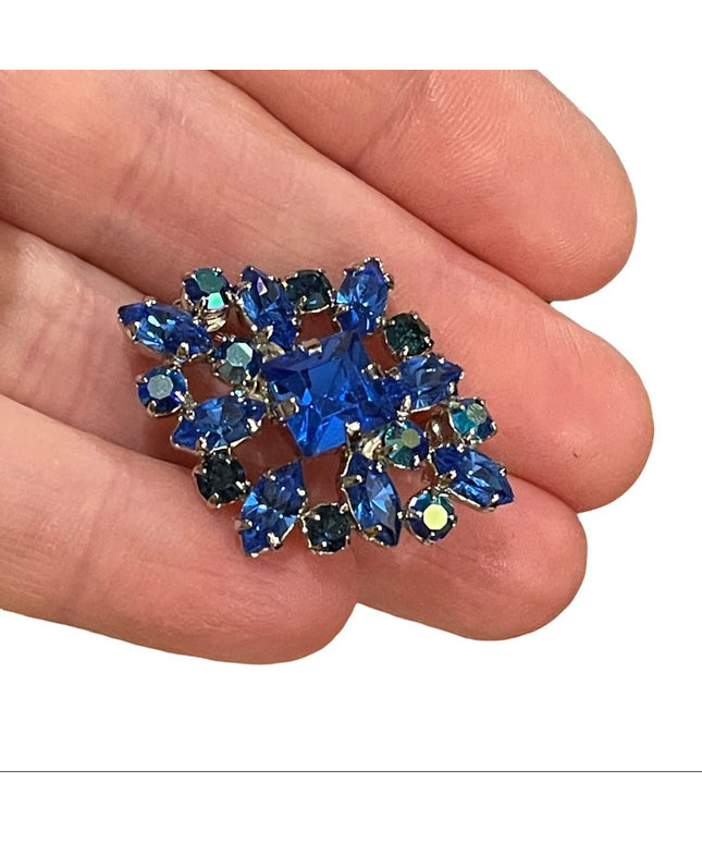 Vintage 1960s blue AB crystal fancy brooch
