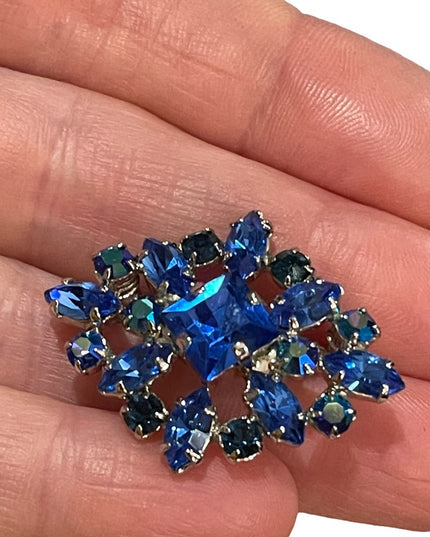 Vintage 1960s blue AB crystal fancy brooch