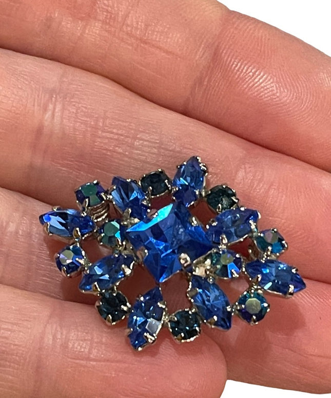 Vintage 1960s blue AB crystal fancy brooch