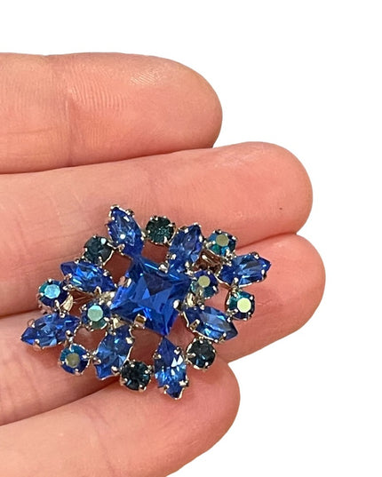 Vintage 1960s blue AB crystal fancy brooch