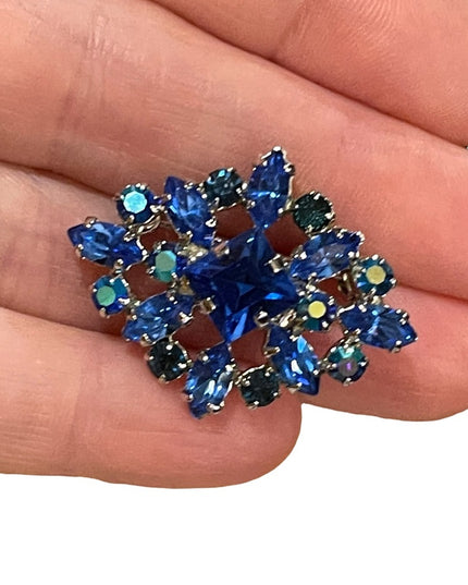 Vintage 1960s blue AB crystal fancy brooch