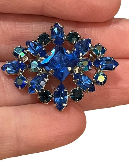 Vintage 1960s blue AB crystal fancy brooch
