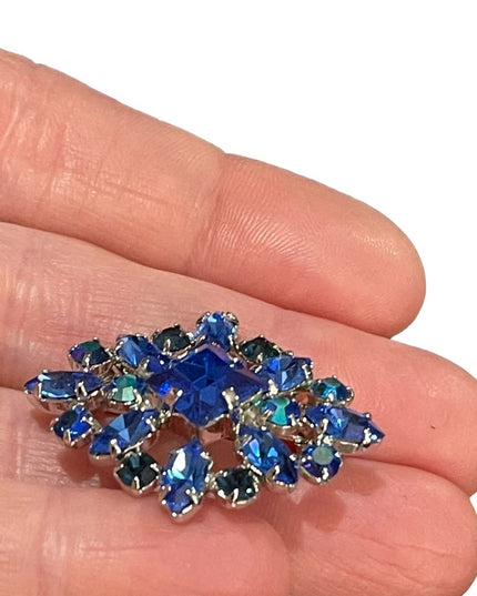 Vintage 1960s blue AB crystal fancy brooch