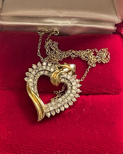 Vintage Sterling silver 925 Gold plated REAL Diamond heart pendant necklace