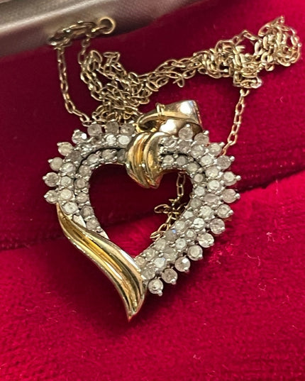 Vintage Sterling silver 925 Gold plated REAL Diamond heart pendant necklace