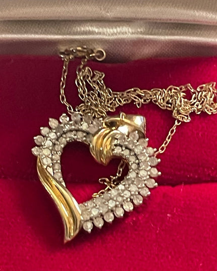 Vintage Sterling silver 925 Gold plated REAL Diamond heart pendant necklace