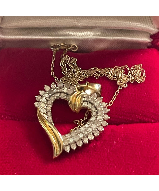 Vintage Sterling silver 925 Gold plated REAL Diamond heart pendant necklace