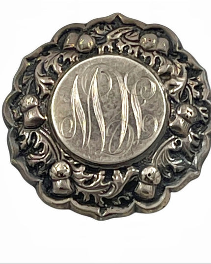 Antique Etched engraved sterling silver? ornate flower brooch