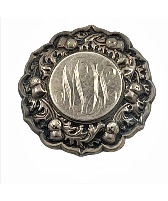 Antique Etched engraved sterling silver? ornate flower brooch