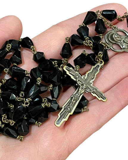 Vintage black crystal glass Catholic Rosary Jesus Religious