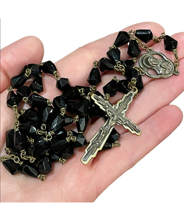 Vintage black crystal glass Catholic Rosary Jesus Religious