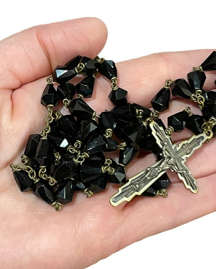 Vintage black crystal glass Catholic Rosary Jesus Religious