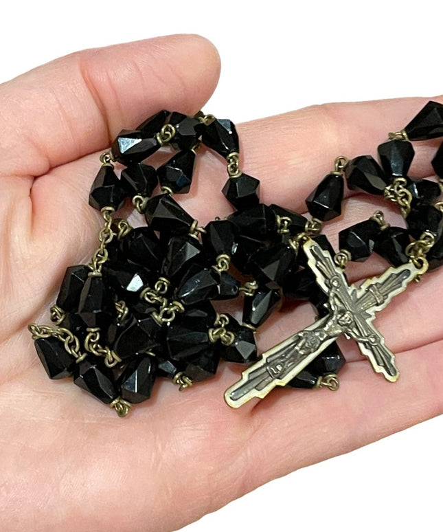 Vintage black crystal glass Catholic Rosary Jesus Religious