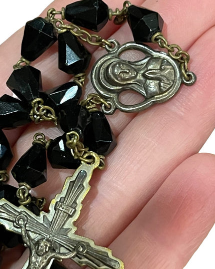 Vintage black crystal glass Catholic Rosary Jesus Religious