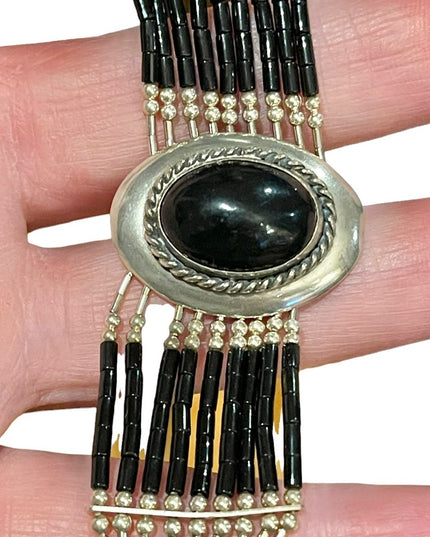 Vintage Sterling silver 925 Navajo Liquid Silver Tubes  Black Onyx bracelet