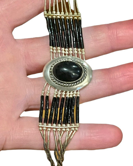 Vintage Sterling silver 925 Navajo Liquid Silver Tubes  Black Onyx bracelet