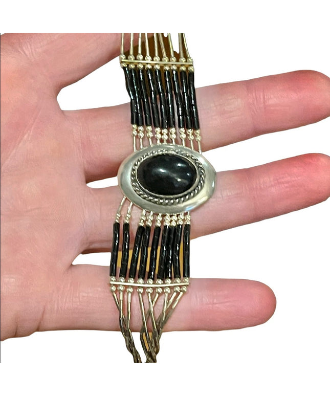 Vintage Sterling silver 925 Navajo Liquid Silver Tubes  Black Onyx bracelet