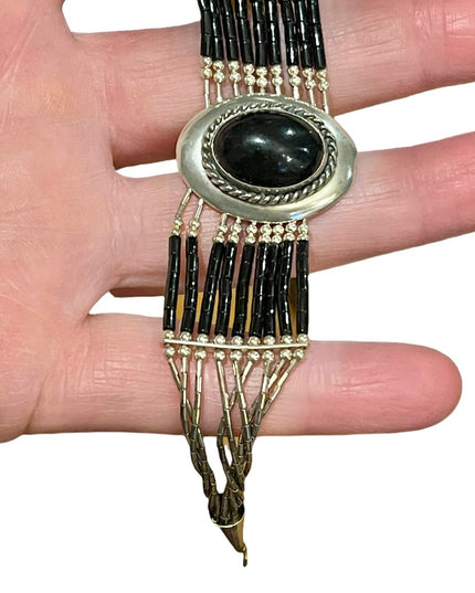 Vintage Sterling silver 925 Navajo Liquid Silver Tubes  Black Onyx bracelet