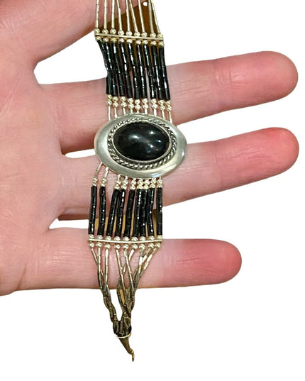 Vintage Sterling silver 925 Navajo Liquid Silver Tubes  Black Onyx bracelet