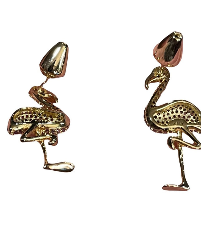 Gold Plated NOIR pink Crystal Flamingo dangle earrings