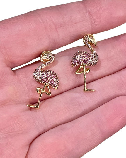 Gold Plated NOIR pink Crystal Flamingo dangle earrings