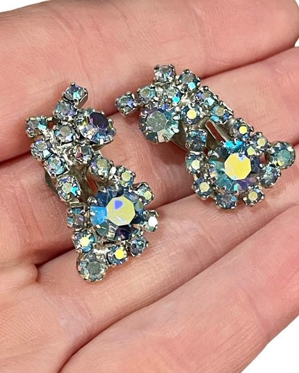 Vintage 1960s Blue AB Crystal clip on earrings